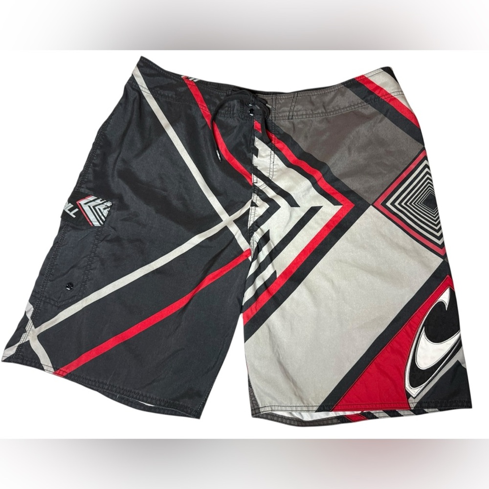 O'Neill Geometric Black, Red and Gray Print Board Shorts Mens Size 40